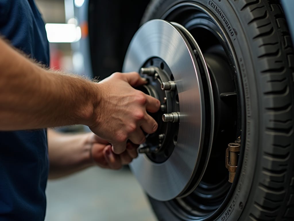 A mechanic servicing a vehicle's brake assembly