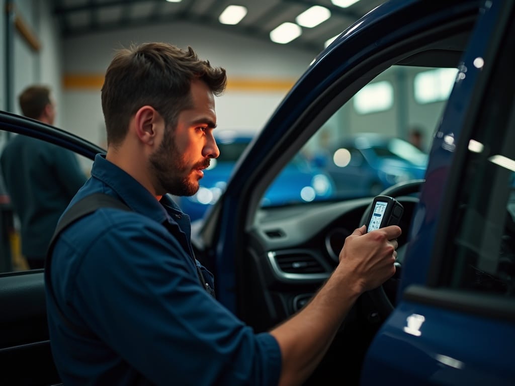 A technician running a computer diagnostic scan on a vehicle