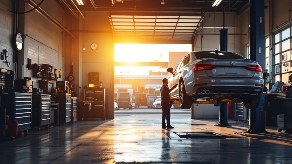 A clean, well-lit auto repair bay at Accel Auto Care with a vehicle up on the lift