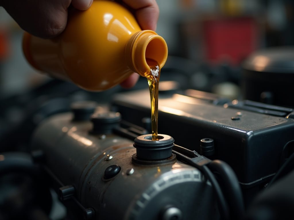 An oil and fluid service being performed under a vehicle