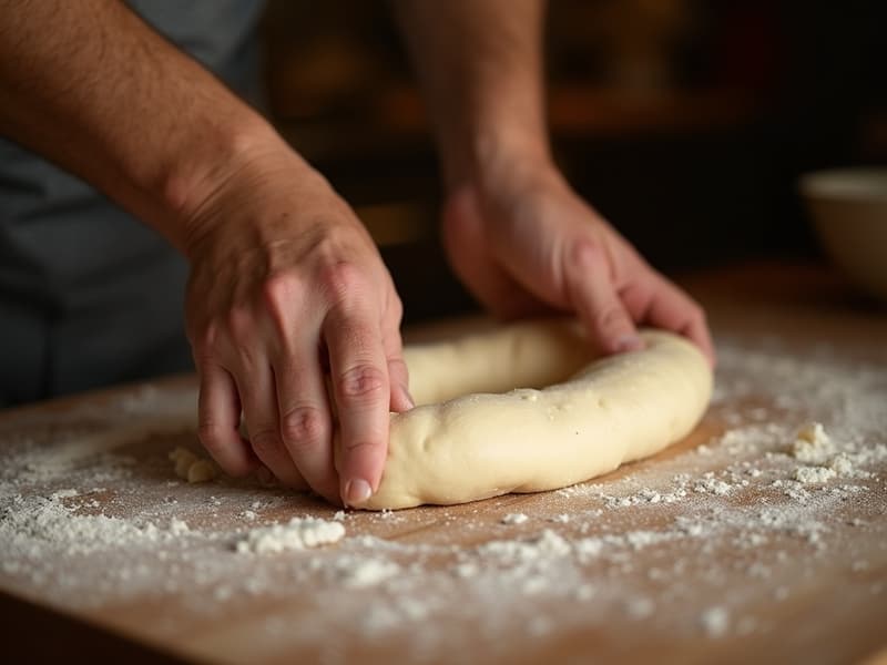 Fresh pizza dough being worked by hand