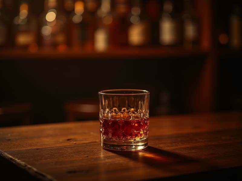 A neat pour of Kentucky bourbon on the bar