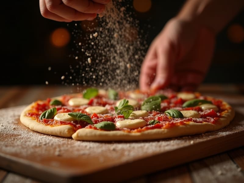 Hands assembling a build-your-own pizza with fresh toppings
