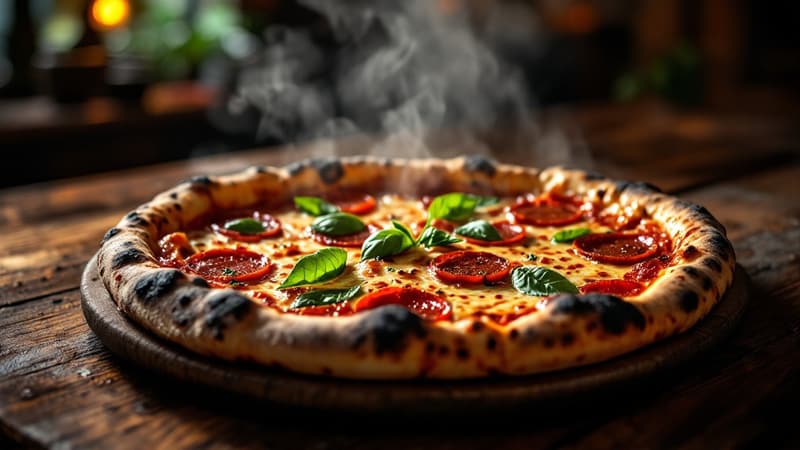 A fresh handmade Apollo pizza pulled from the wood-fired oven
