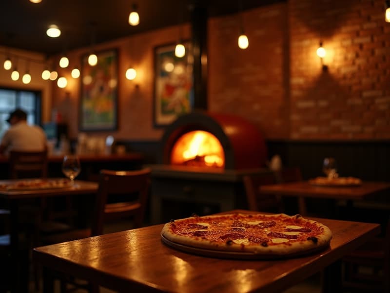 The warm, wood-lit interior of the Apollo pizzeria