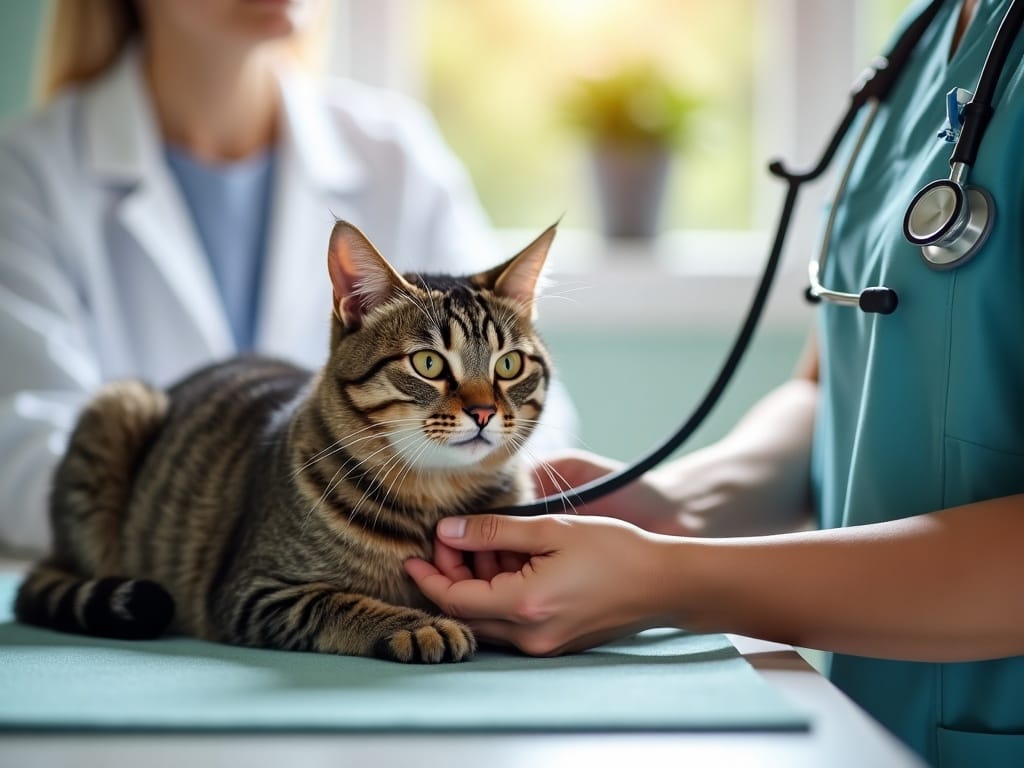 A cat being gently examined by a veterinarian