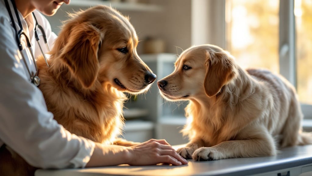 A veterinarian gently examining a calm dog during a wellness visit
