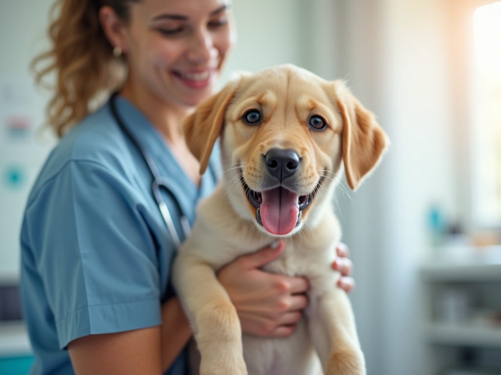 A puppy being weighed and checked at a wellness visit