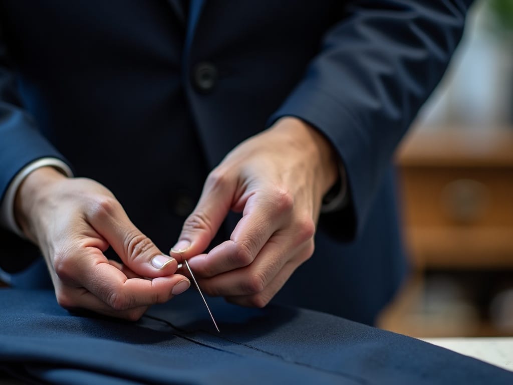 A tailor pinning a garment for alteration at the sewing table