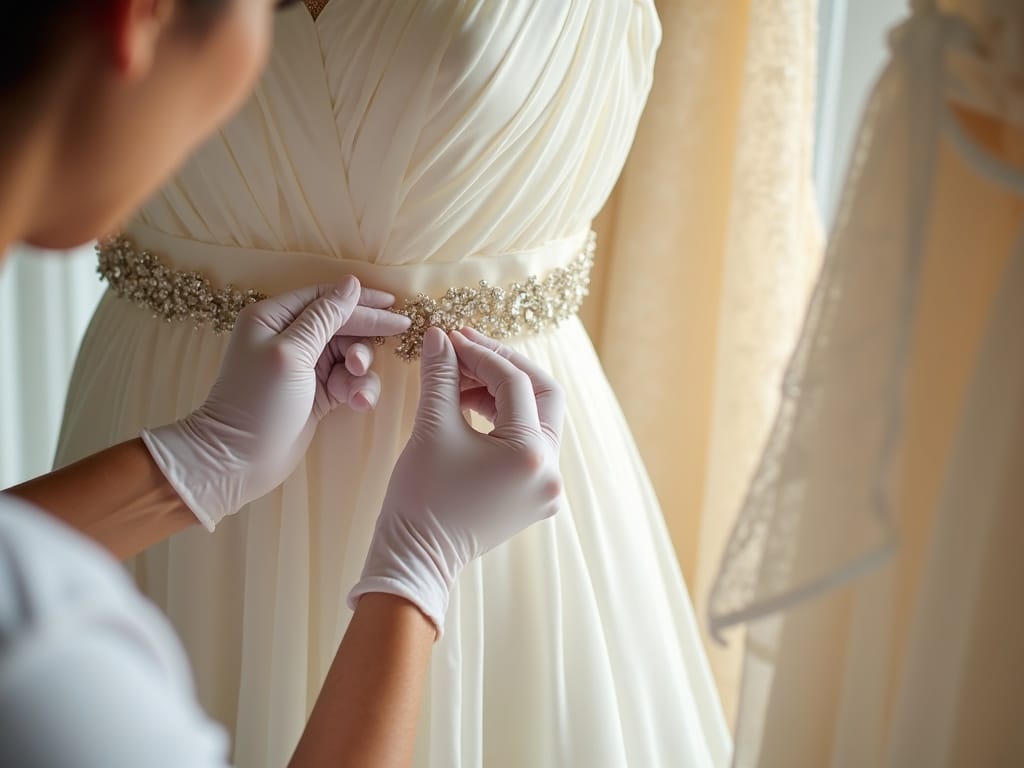 Close detail of careful garment inspection and spot treatment
