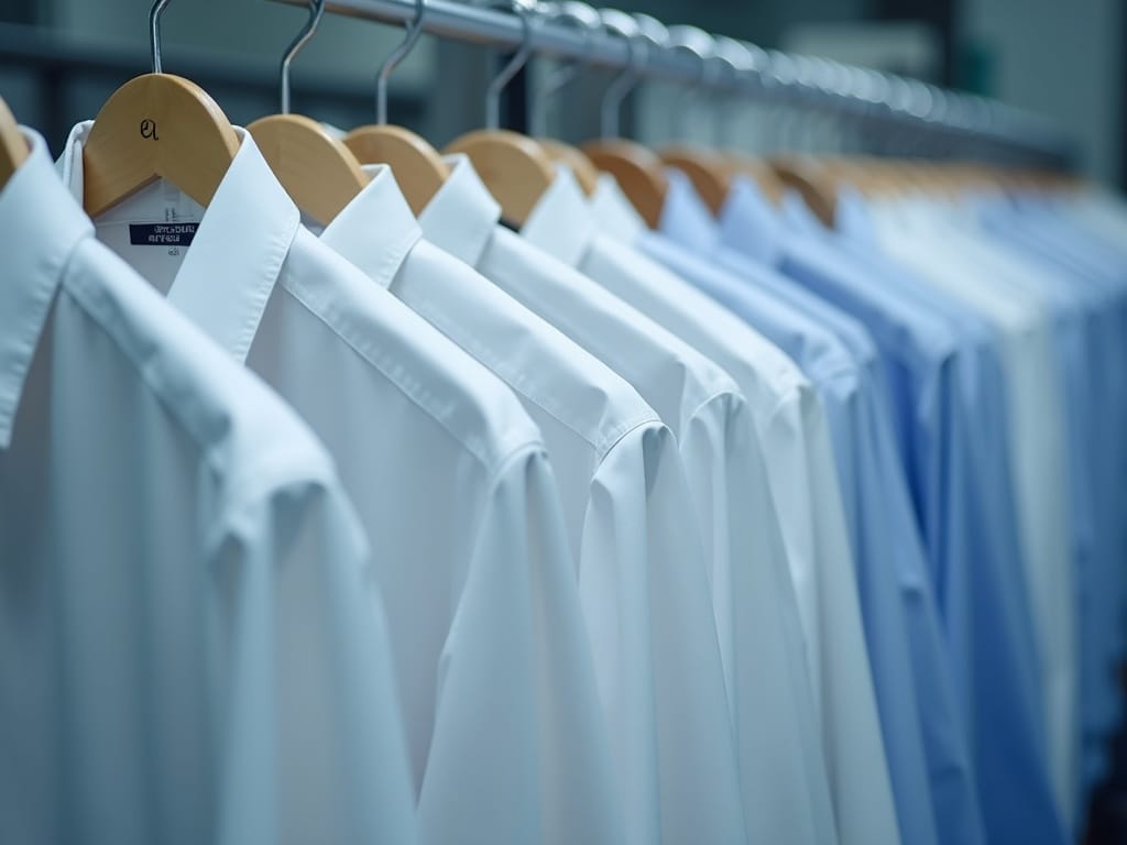 Freshly pressed dress shirts hanging in a row