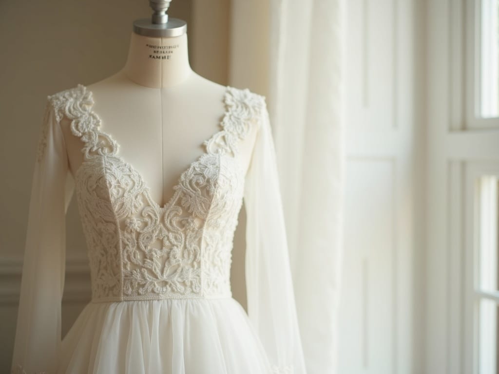 A white wedding gown on a padded hanger, cleaned and ready